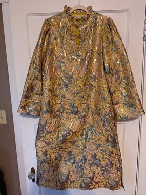 JODIFL Gold Metallic Brocade Midi Dress with Pink and Blue Floral Accents